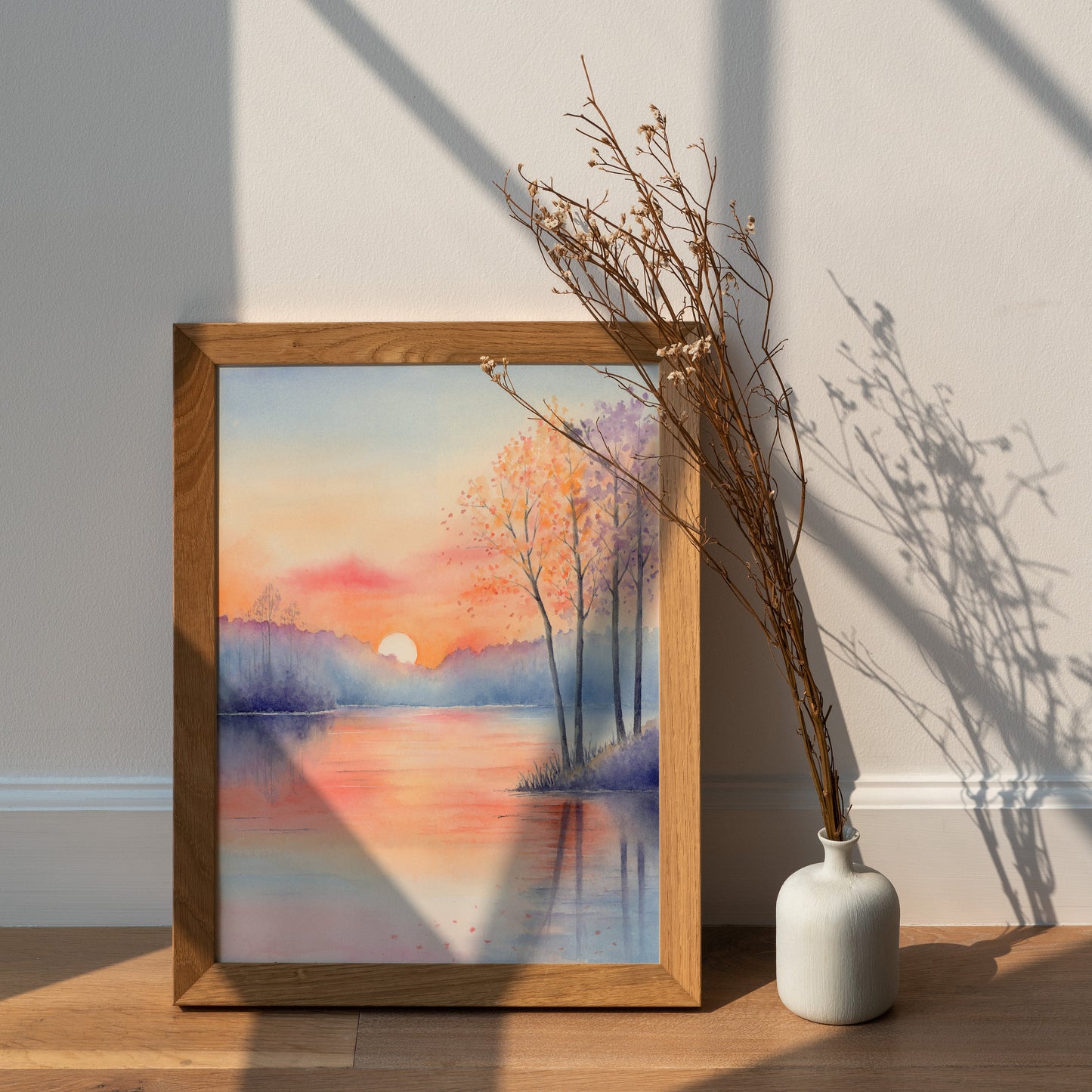 Serene Dusk | Sunset Lake Landscape Watercolor Art Print