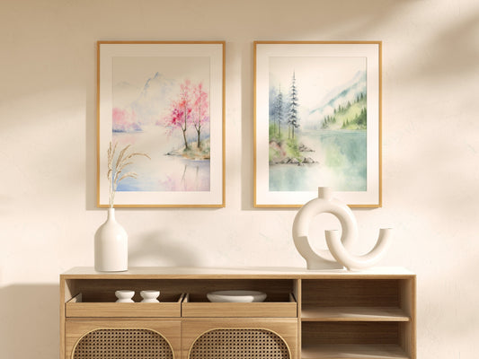 Set of 2 Landscape Prints | Four Seasons Watercolor Landscape Art Print