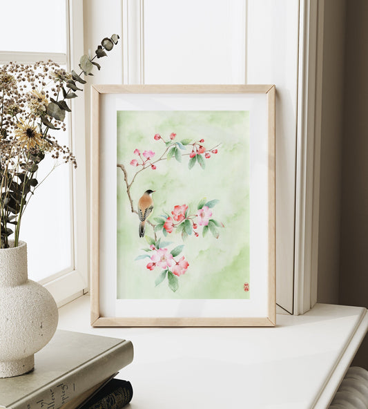 Viridescent Paradise | Floral & Bird Watercolor Art Print