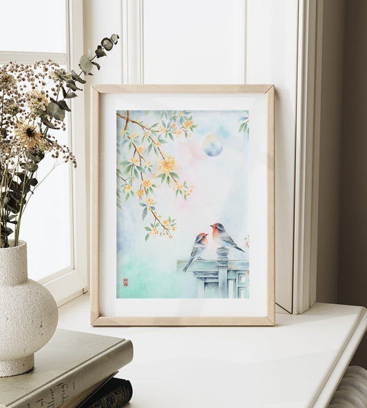 Moonlit Birdsong | Floral & Bird Watercolor Art Print