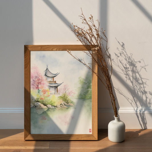 Petal Pavilion | Oriental Garden Watercolor Art Print