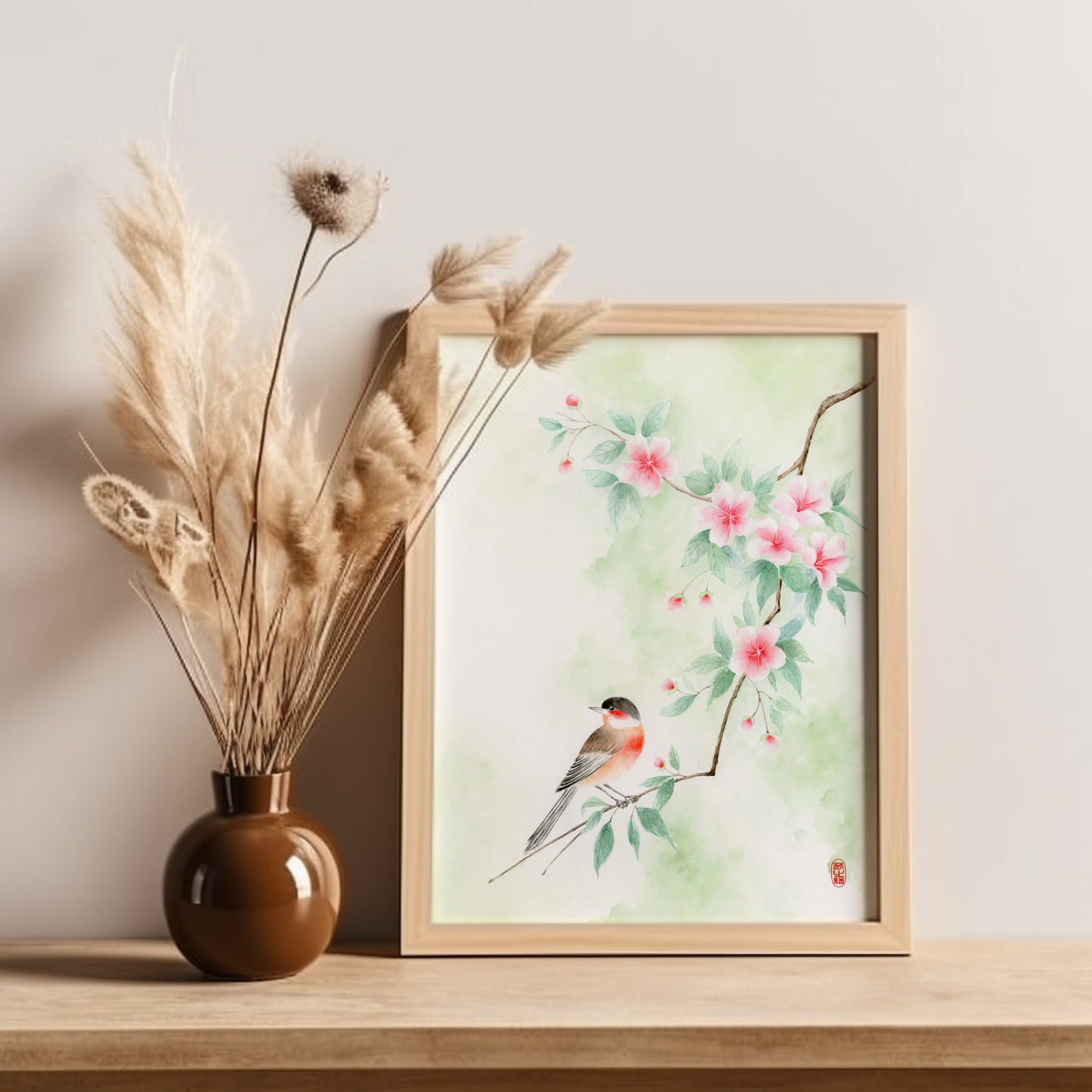 Verdant Overlook | Oriental Floral Bird Watercolor Art Print