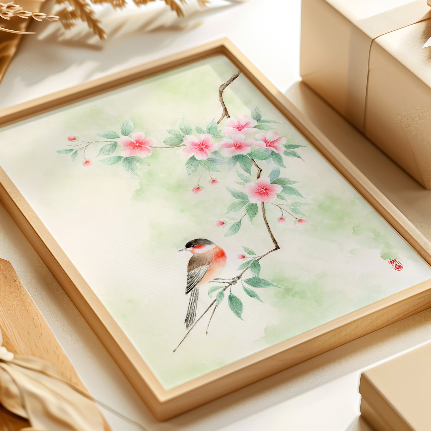 Verdant Overlook | Oriental Floral Bird Watercolor Art Print