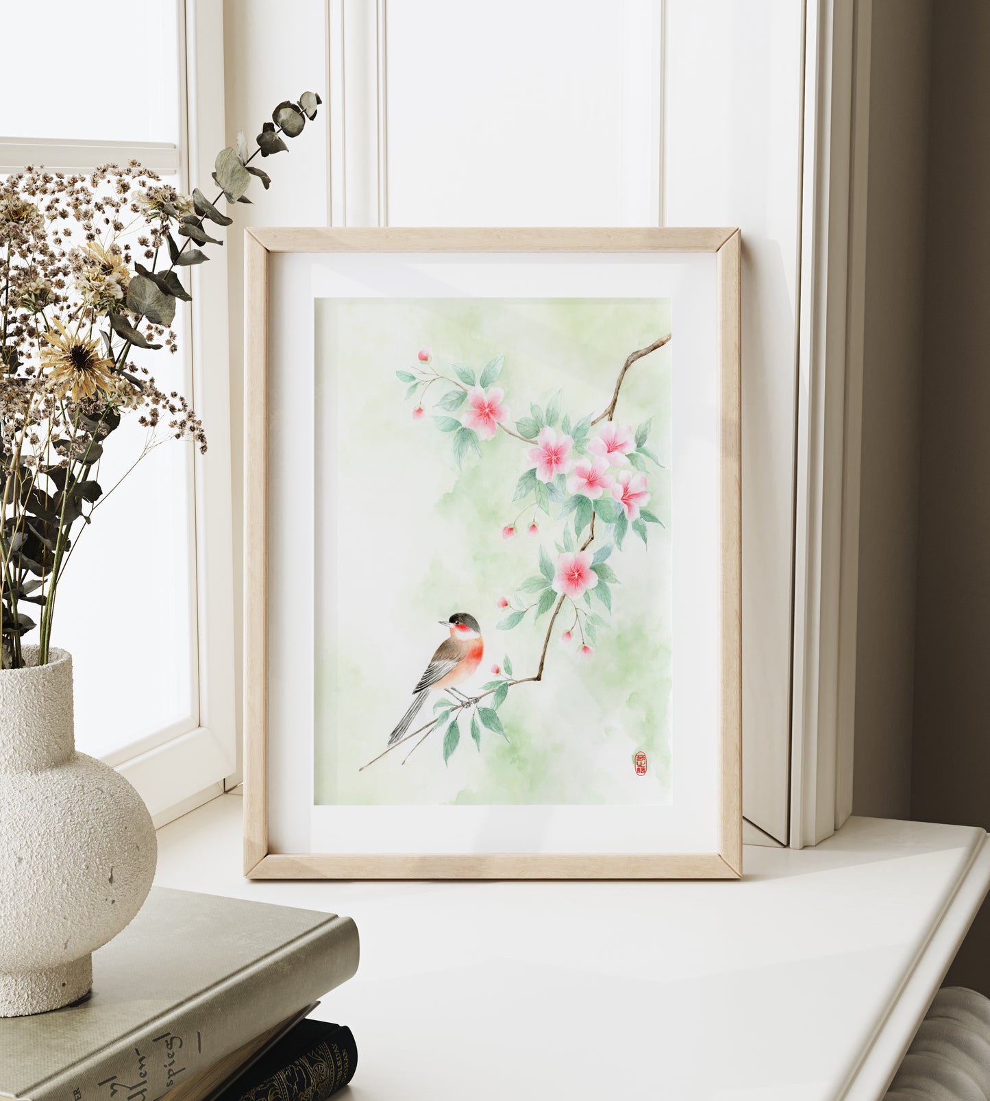 Verdant Overlook | Oriental Floral Bird Watercolor Art Print