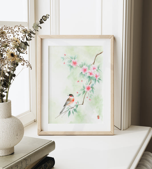 Verdant Overlook | Oriental Floral Bird Watercolor Art Print