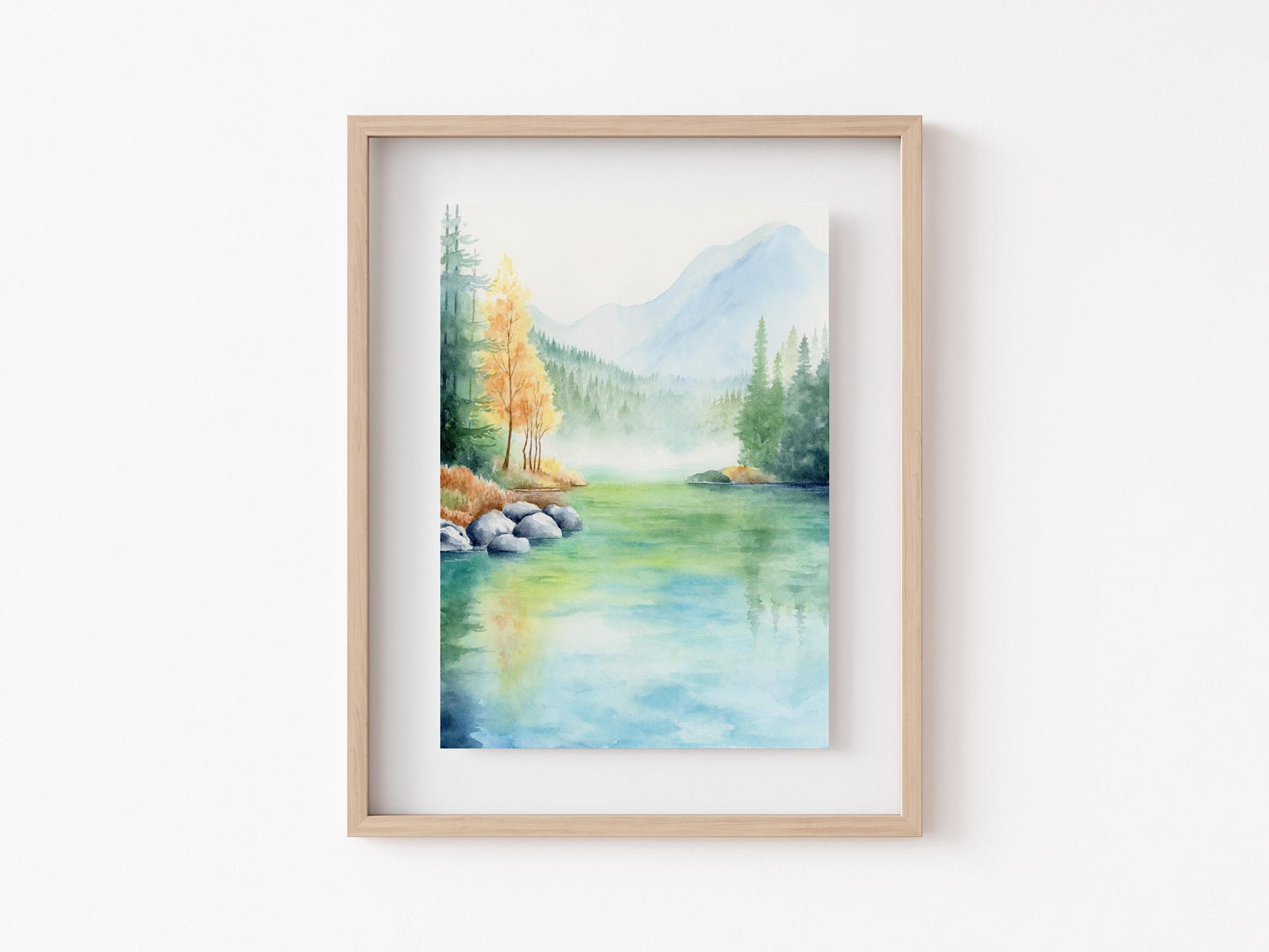 Lush Waterfront | Lake Mountain Watercolor Art Print