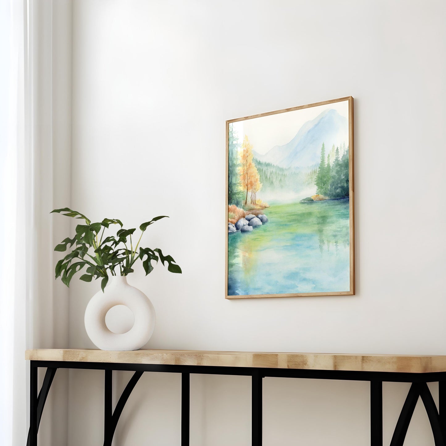 Lush Waterfront | Lake Mountain Watercolor Art Print