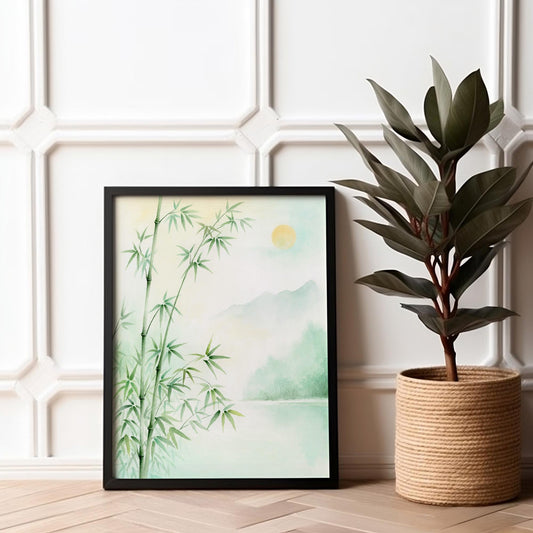 Moonlit Reeds | Moonlight Lake Bamboo Watercolor Art Print