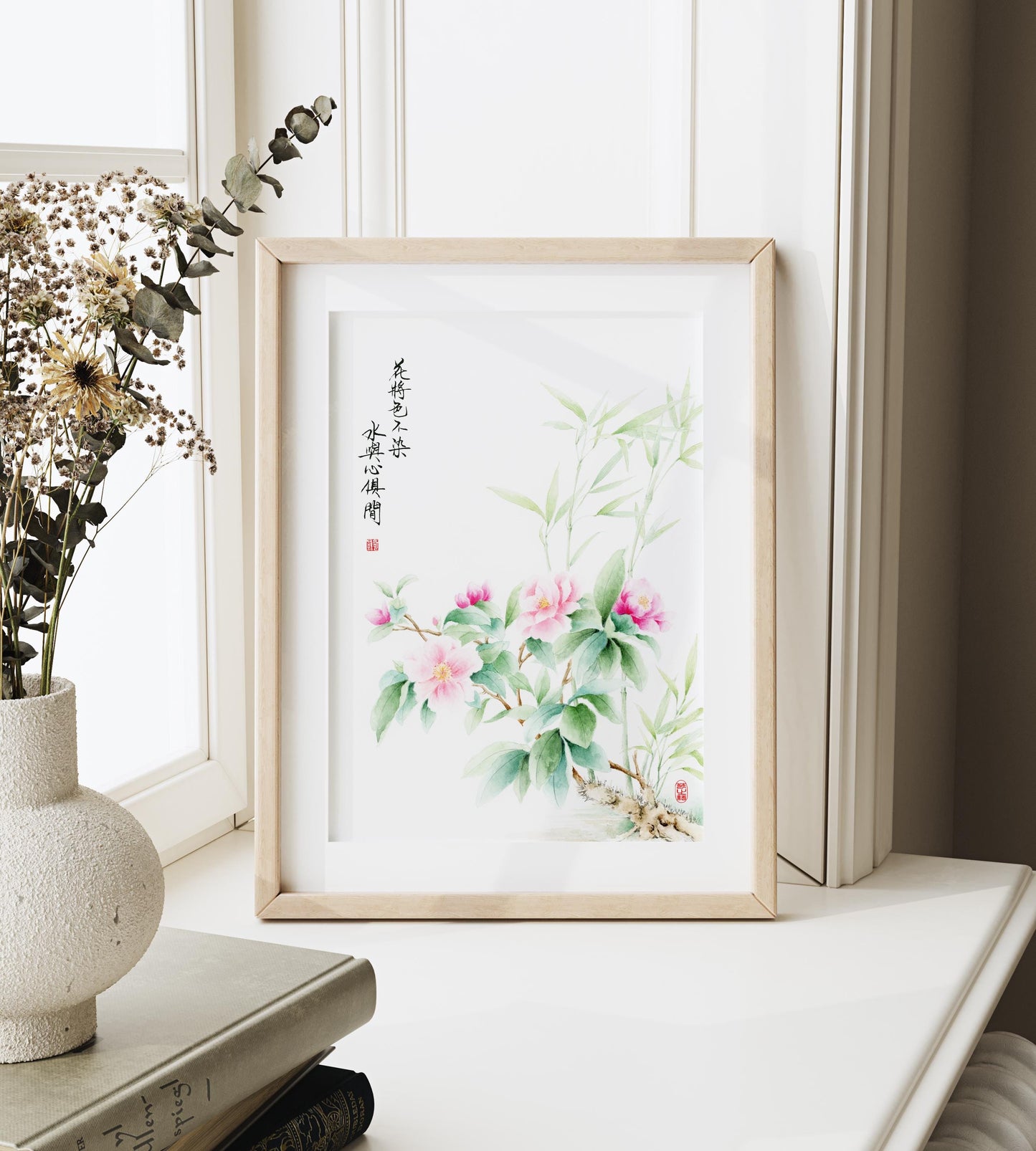 Timeless Camellia | Oriental Camellia Watercolor Art Print with Chinese Poem