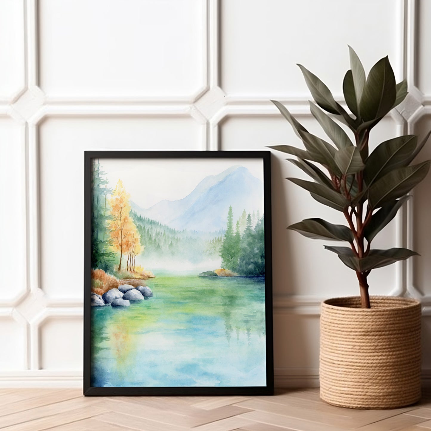 Lush Waterfront | Lake Mountain Watercolor Art Print