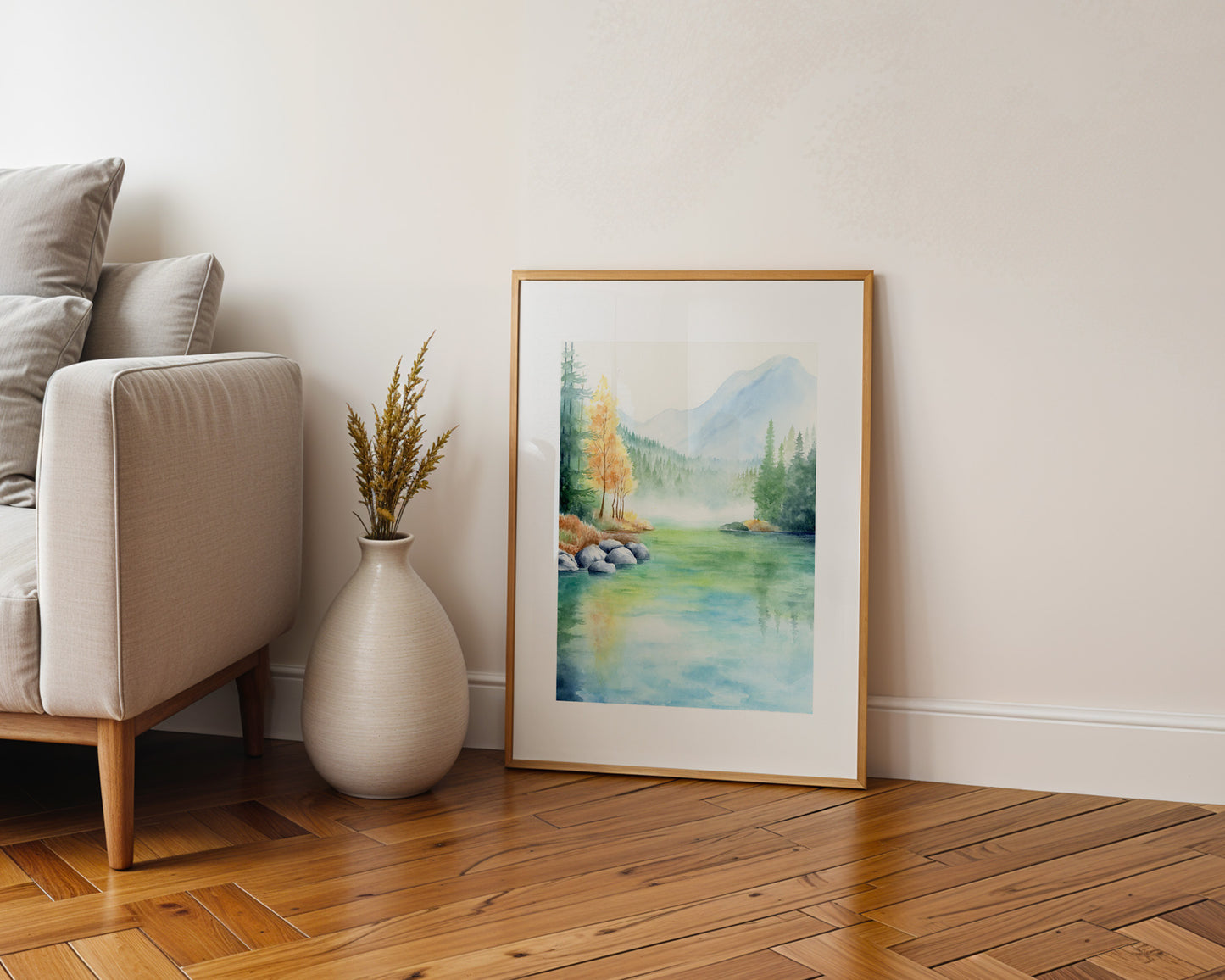 Lush Waterfront | Lake Mountain Watercolor Art Print
