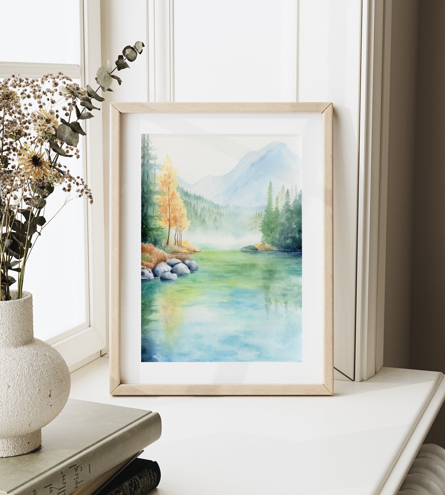 Lush Waterfront | Lake Mountain Watercolor Art Print