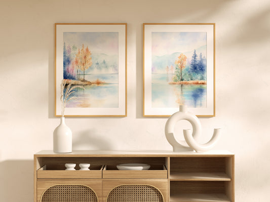 Parallel Sublimity | Set of 2 Lake View Landscape Watercolor Art Prints
