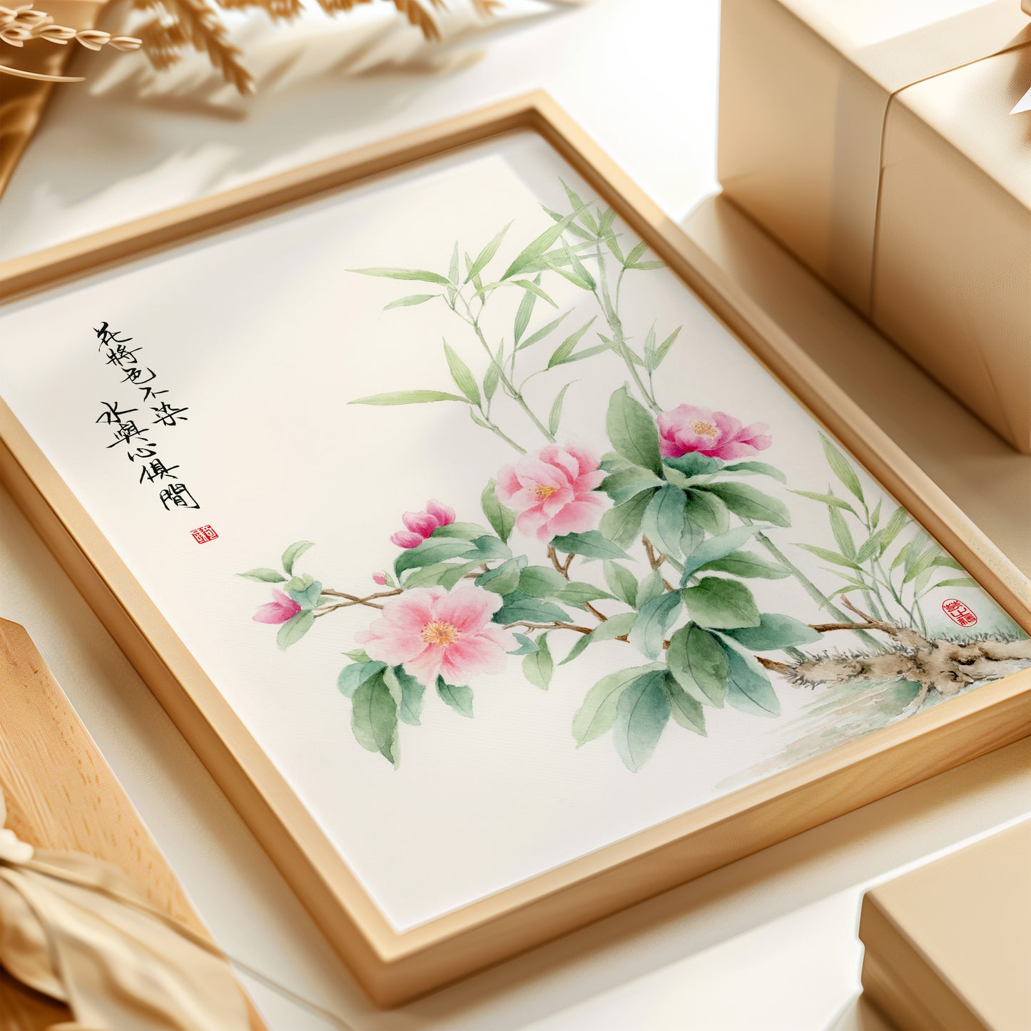 Timeless Camellia | Oriental Camellia Watercolor Art Print with Chinese Poem