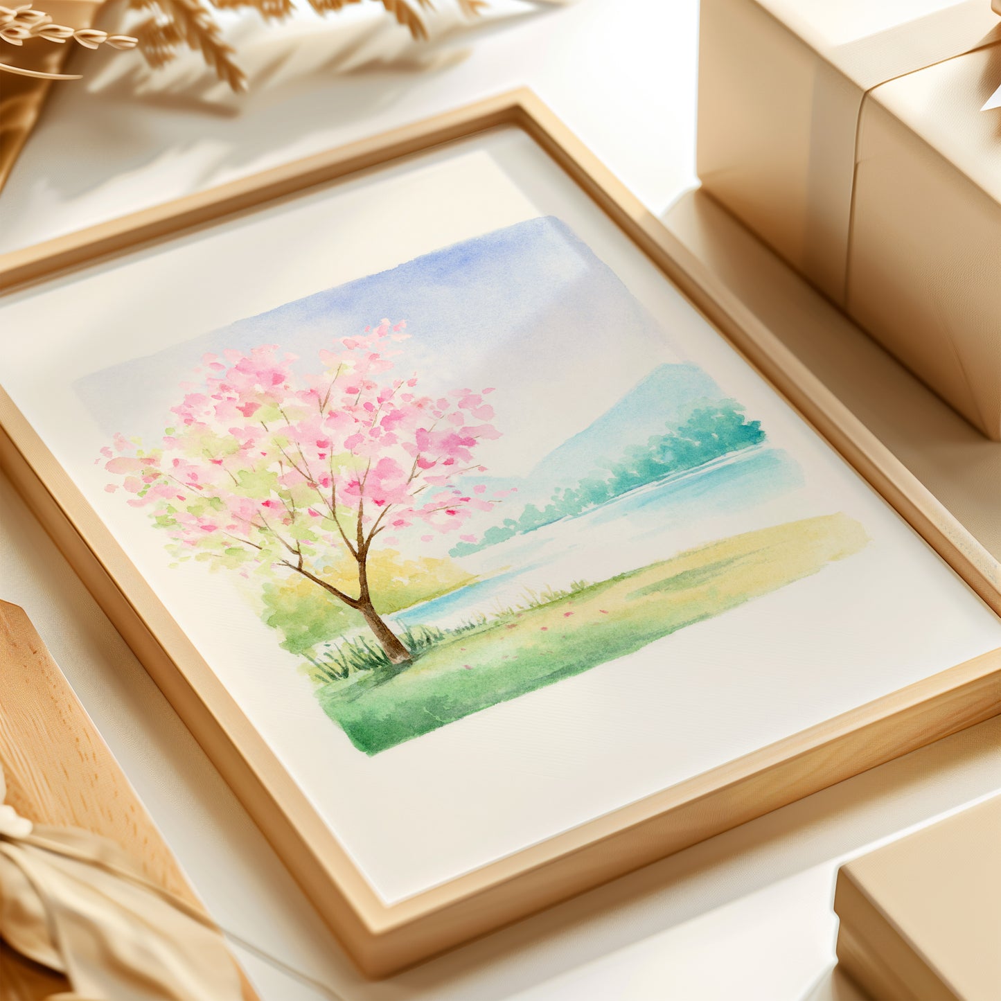 Spring Cherry Blossom Tree | Simple Landscape Watercolor Art Print